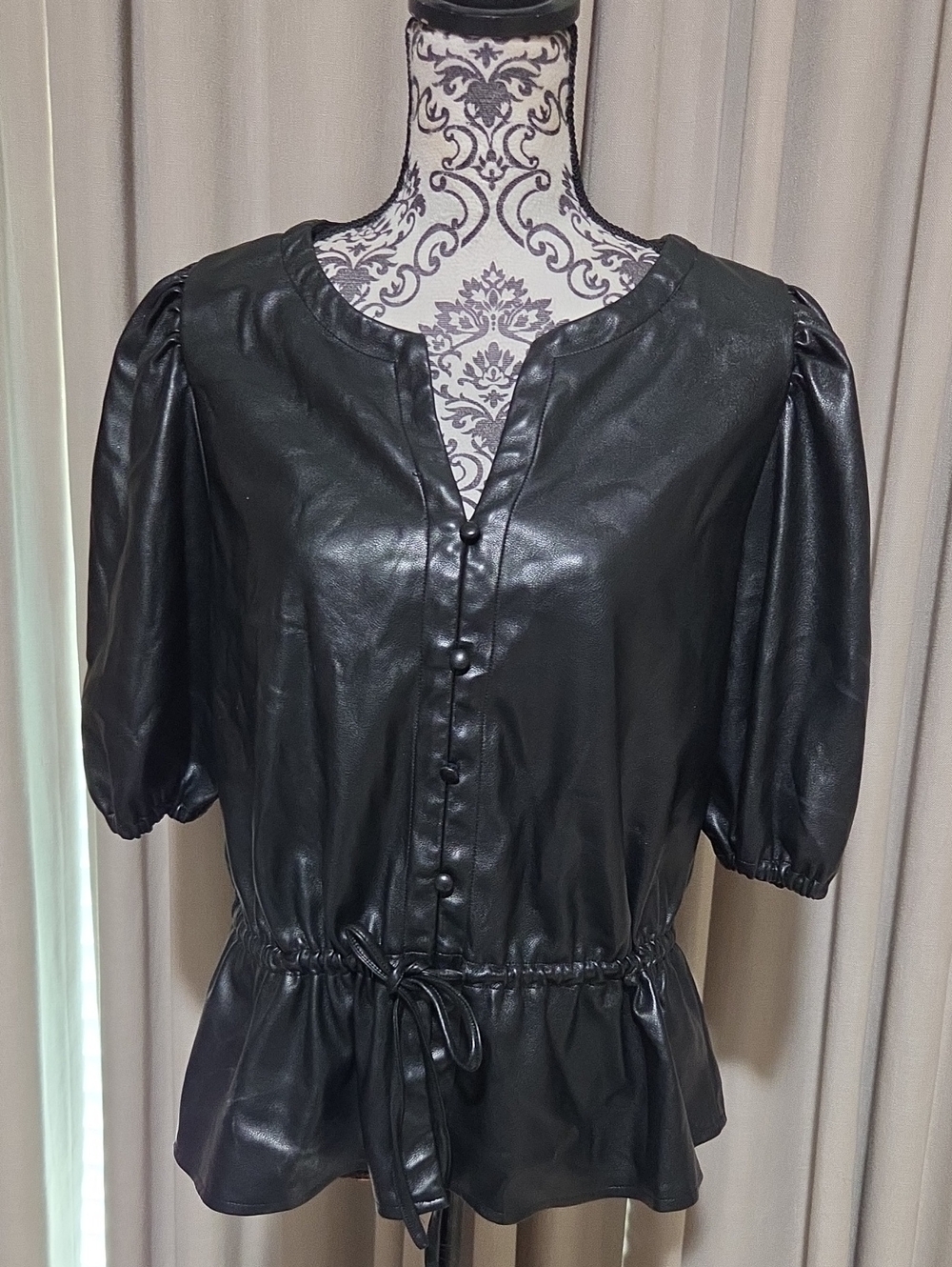 Black Faux Leather Puff-Sleeve Button-Front Blouse